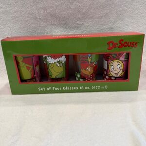 Dr Seuss How The Grinch Stole Christmas 16oz Glass Set 4 Pack Drinkware NIB